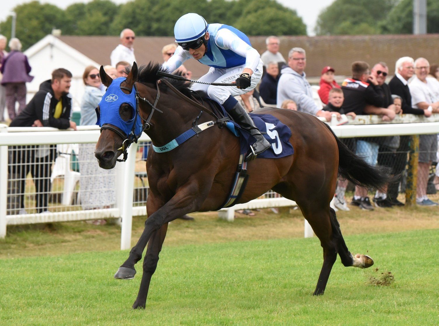 A jockey is riding a horse with the number 52 on the saddle.