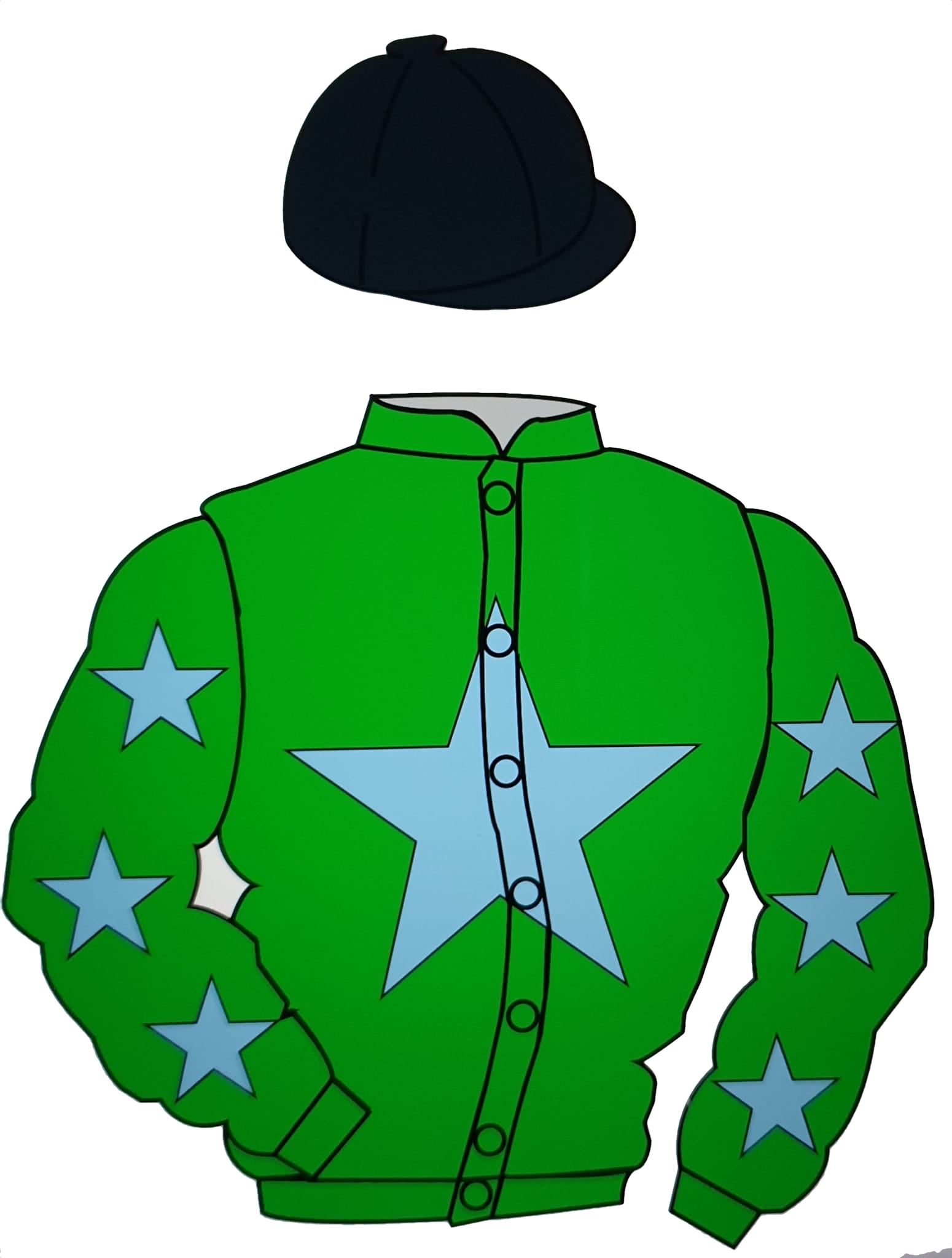 A green jacket with blue stars and a black hat