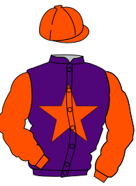 A purple jacket with an orange star and an orange hat