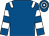 A blue sweater with white stripes on the sleeves is on a white background.