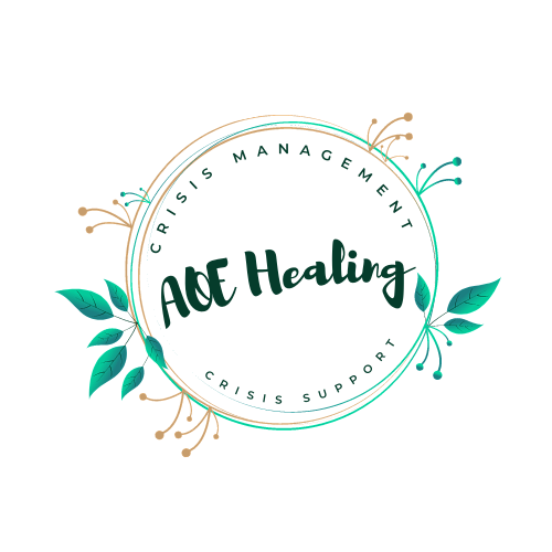 Logo for A&E Healing: teal and gold floral wreath surrounding text 