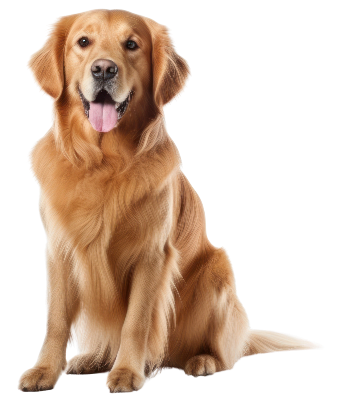 Golden retriever sitting and facing forward, tongue out on a white background