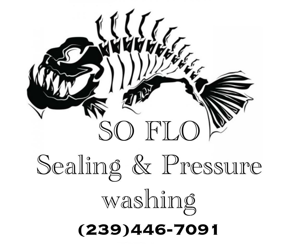 SO FLO Sealing & Pressure washing logo with fish skeleton and phone number (239) 446-7091