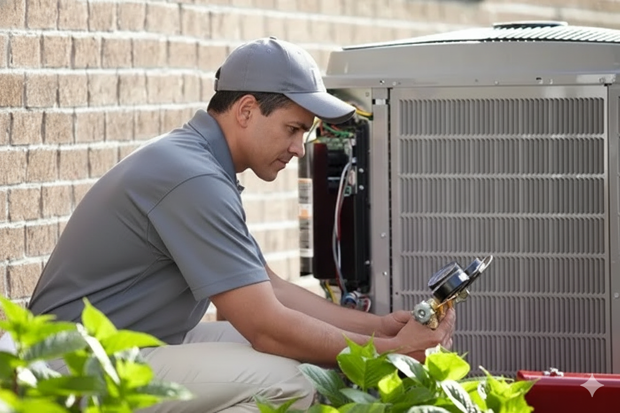 HVAC technician kneels, using gauges to examine an air conditioning unit outside near a brick wall.