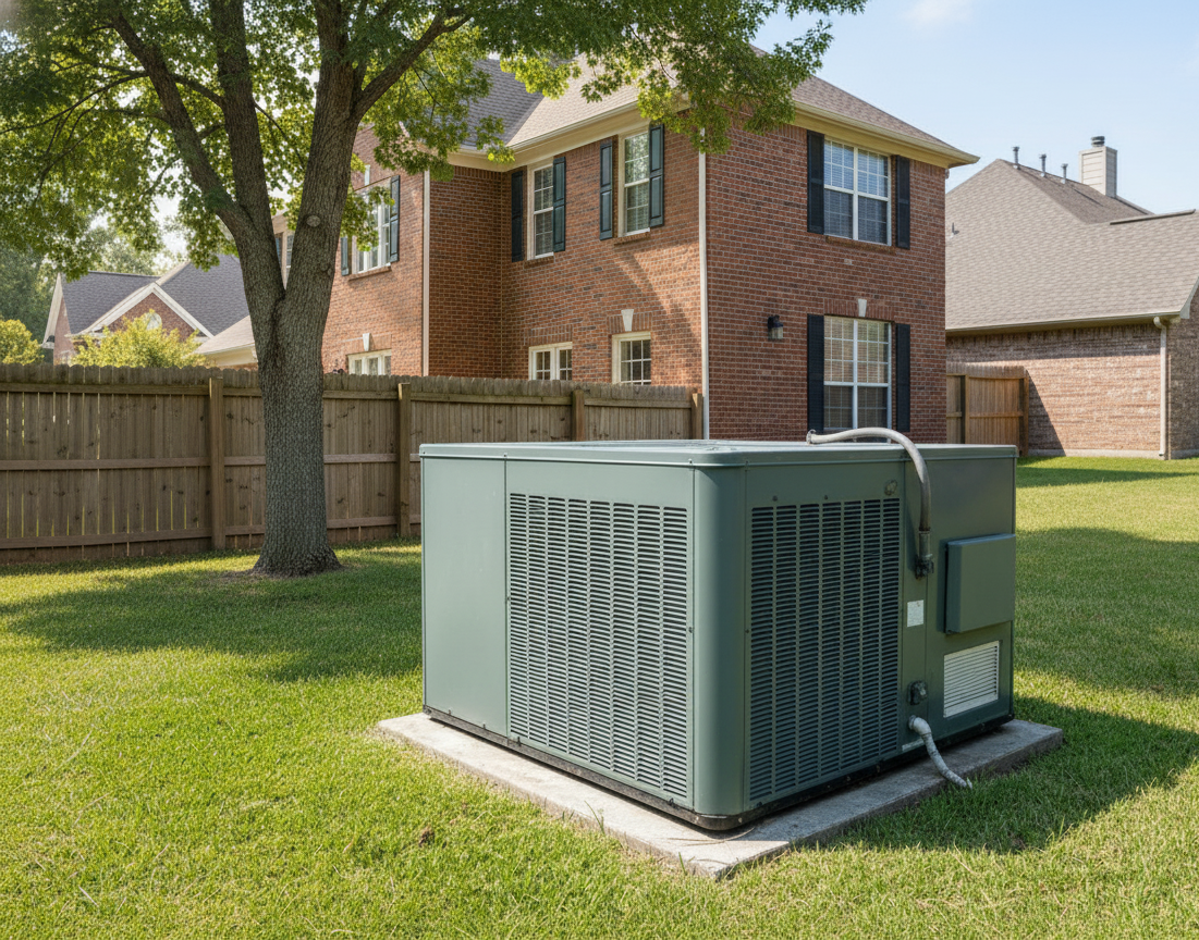 Air conditioning unit in a grassy backyard with a brick house and wooden fence in the background.