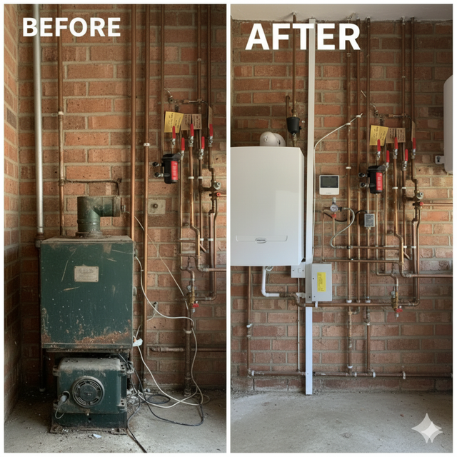 Before and after of a boiler replacement. An old green boiler is replaced with a new white one. Copper pipes on a brick wall.