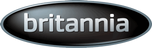 A black and silver logo for britannia on a white background