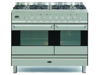 A stainless steel britannia stove with four burners and two ovens