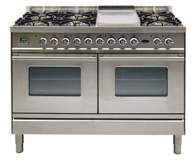 A stainless steel britannia stove with four burners and two ovens