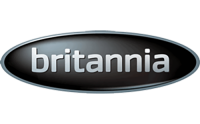 A black and silver logo for britannia on a white background.