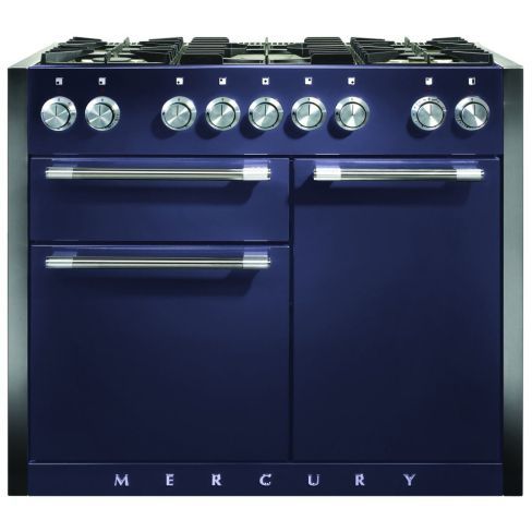 A blue Mercury range oven is sitting on top of a tiled floor in a kitchen.