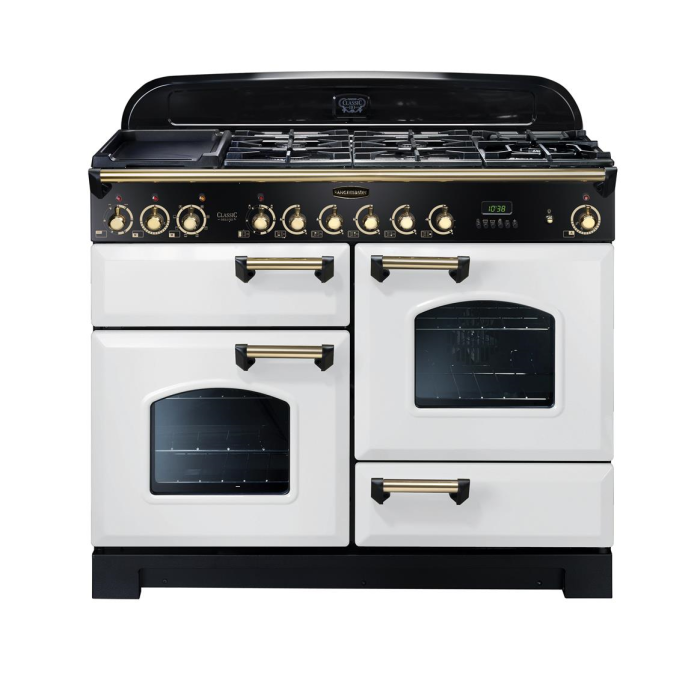 white dual fuel rangemaster with brass trim