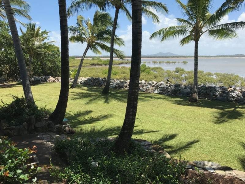 A Lush Green Field With Palm Trees And A Body Of Water In The Background — Marian Lawns In Marian, QLD
