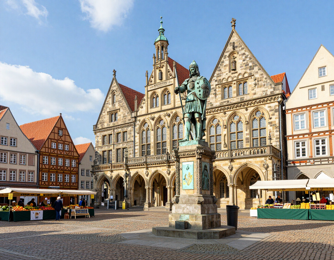 Historischer europäischer Marktplatz mit einer Bronzestatue vor reich verzierten alten Gebäuden unter blauem Himmel