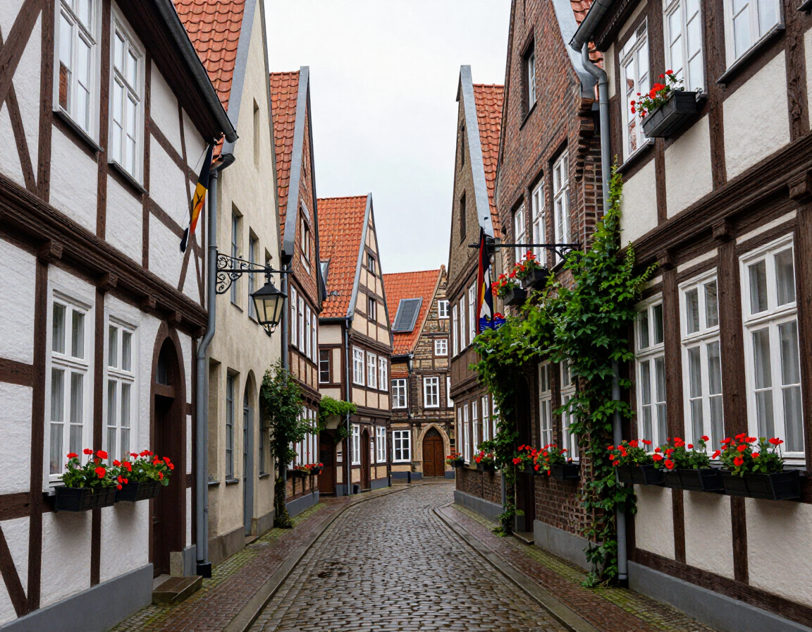 Schmale Kopfsteinpflasterstraße mit Fachwerkhäusern und Blumenkästen in einem malerischen Dorf
