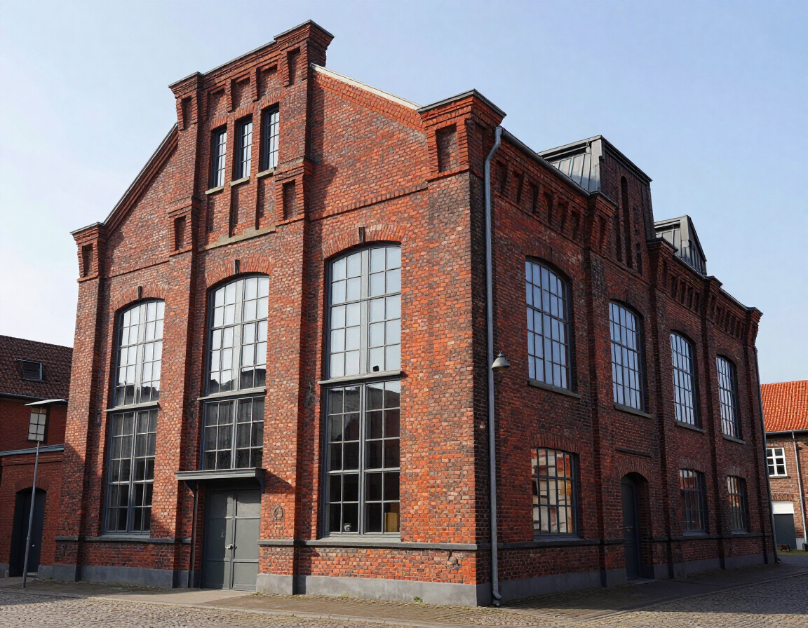 Industriegebäude aus rotem Backstein mit hohen Fenstern und einem zentralen Eingang in einem Innenhof.