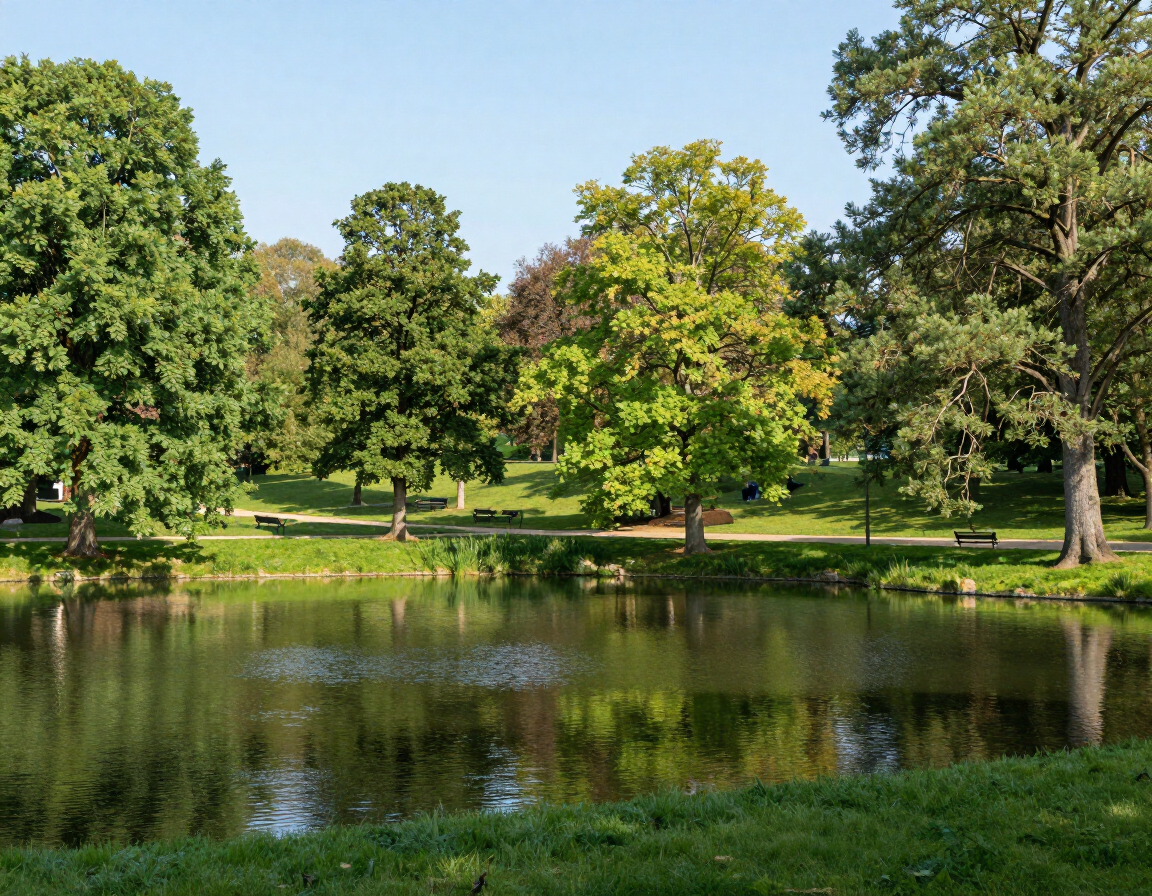 Ein ruhiger Parkteich spiegelt grüne Bäume unter einem klaren blauen Himmel