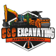 C&C Excavating Asphalt Paving logo with excavator, road roller, and orange-and-black text