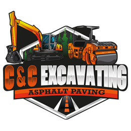C&C Excavating Asphalt Paving logo with excavator, road roller, and orange-and-black text