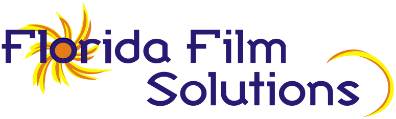 A logo for florida film solutions with a sun in the background.