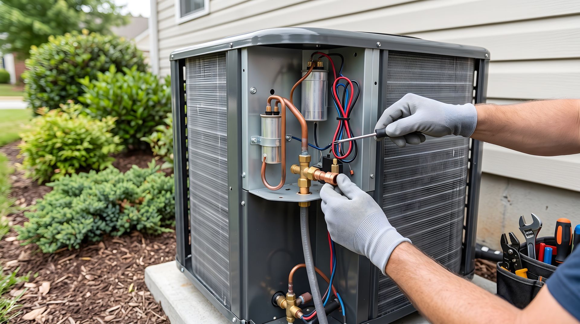 Gloved technician performing HVAC services on an outdoor condenser unit with tools beside a house.