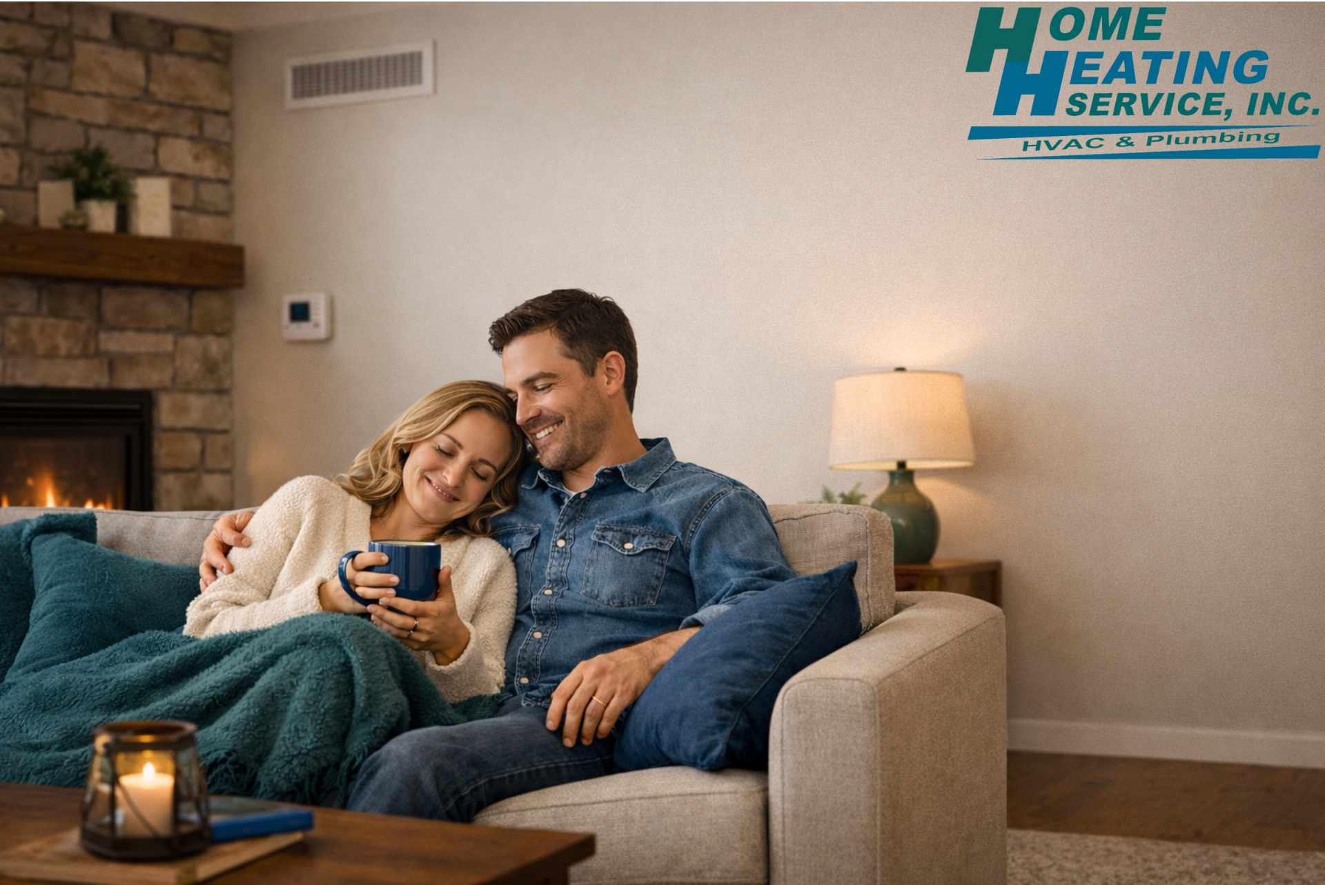 A couple sits closely on a sofa in a cozy living room with a fireplace, holding mugs under a blanket.