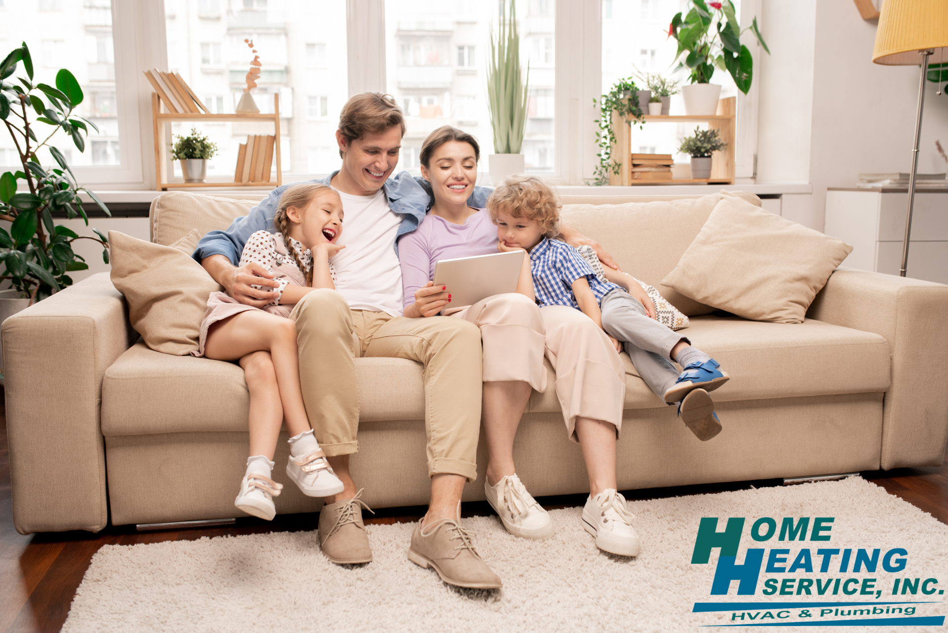 A family laughing and looking at a tablet together on a beige sofa in a sunlit living room.
