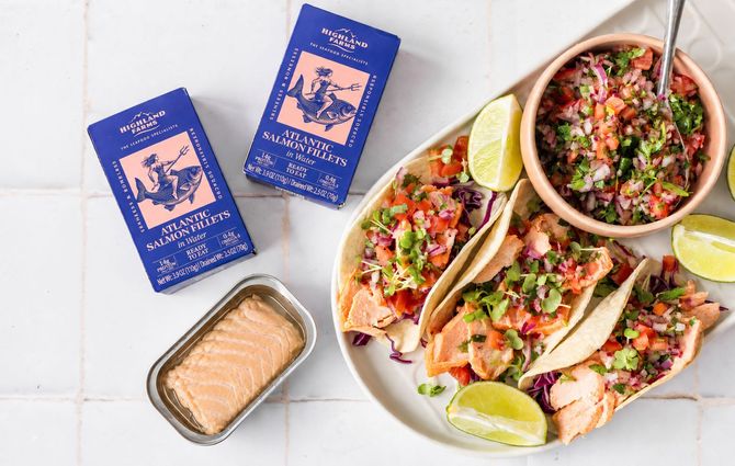 Highland Farms Canned Atlantic Salmon served in a fresh salmon grain bowl