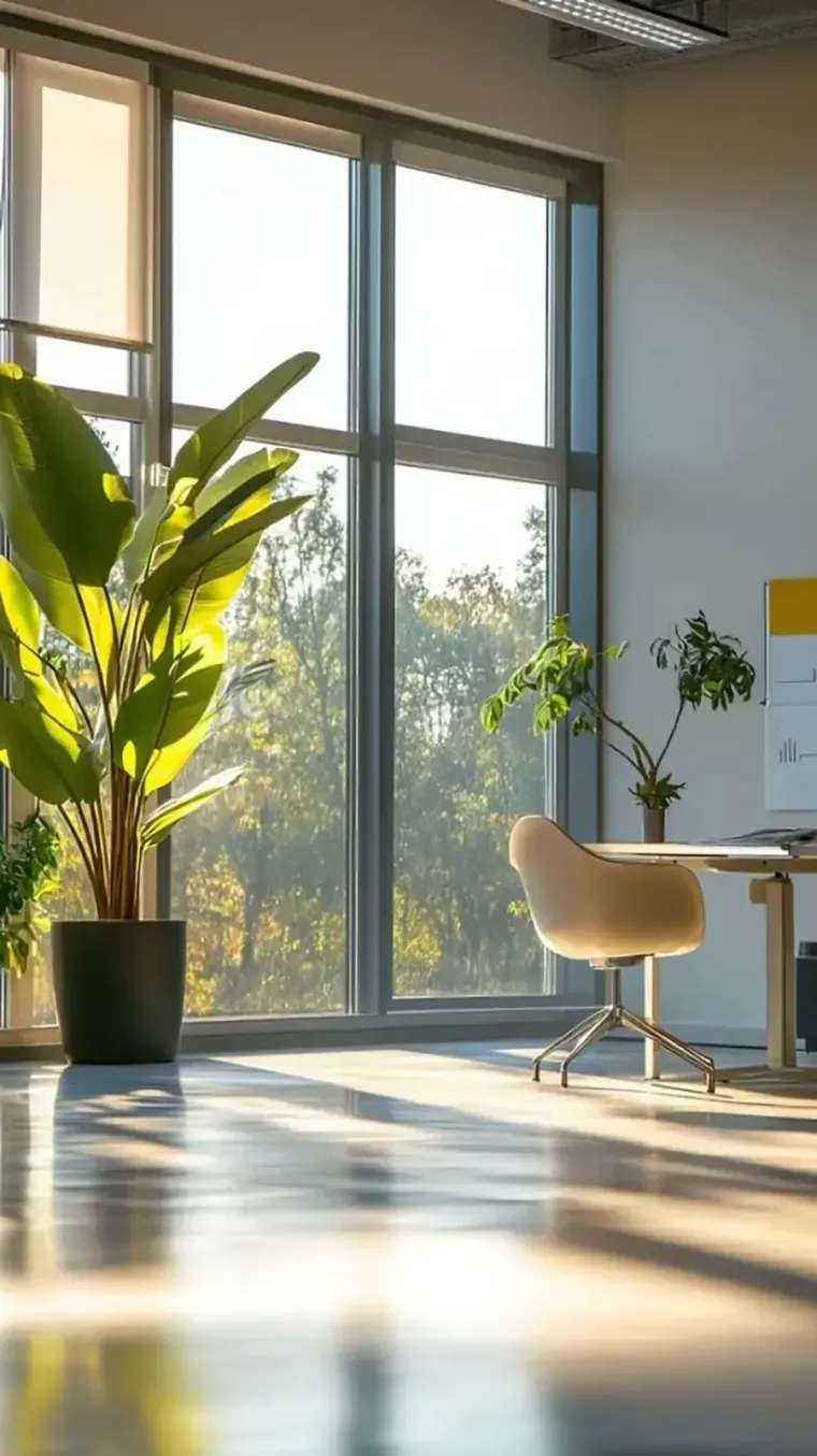 Sunlit modern room with large windows, potted plant, desk, and chair on a wooden floor
