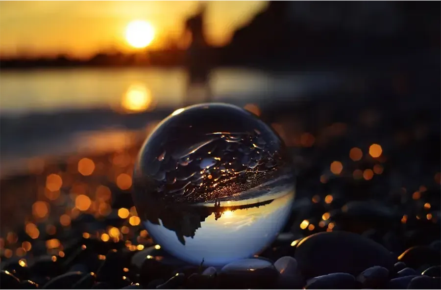 Glass sphere reflecting a sunset over water on a pebble-strewn beach