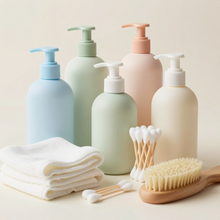 Productos de baño y limpieza en tonos pastel: botellas, toallas dobladas, bastoncillos de algodón y cepillos.