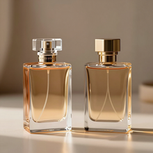 Dos elegantes frascos de perfume color ámbar con tapones dorados sobre una superficie beige