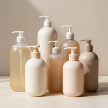 Varias botellas con dosificador en tonos neutros sobre una superficie beige, con un fondo a juego