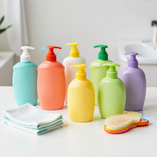 Botellas de limpieza de colores, paños doblados y un cepillo de fregar sobre una superficie blanca.