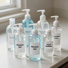 Varias botellas transparentes de gel desinfectante de manos sobre un alféizar bien iluminado, con dispensadores 