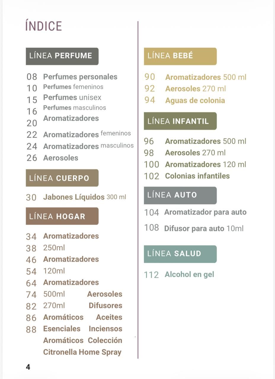 Índice en español con secciones para productos de cuidado corporal, hogar, bebé, automoción y salud