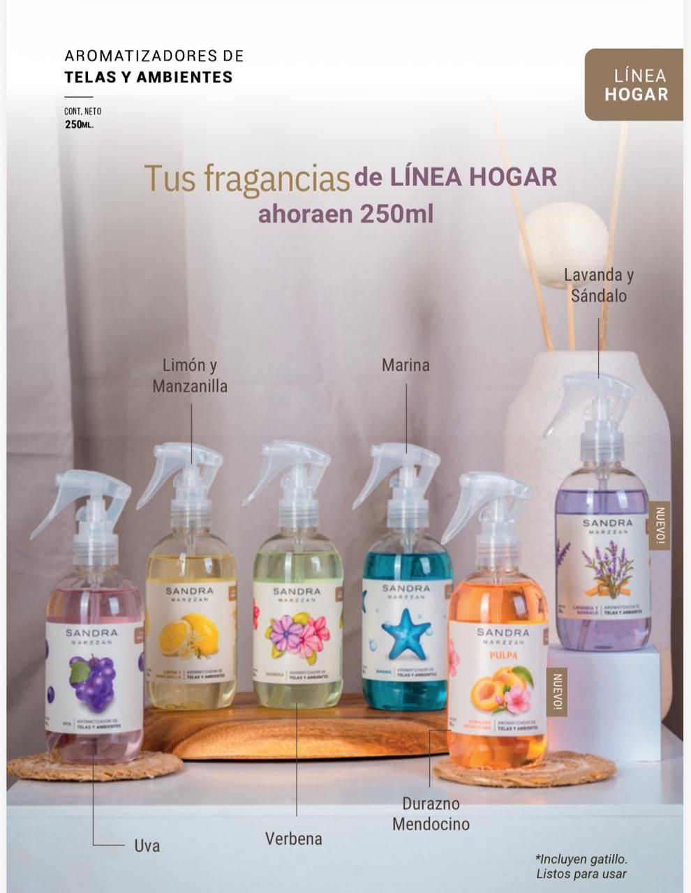 Una línea de ambientadores Línea Hogar con distintas fragancias sobre un fondo claro.