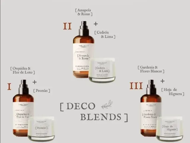 Anuncio de cuidado de la piel de [DECO BLENDS] que muestra tres frascos ámbar con cuentagotas y tarros blancos