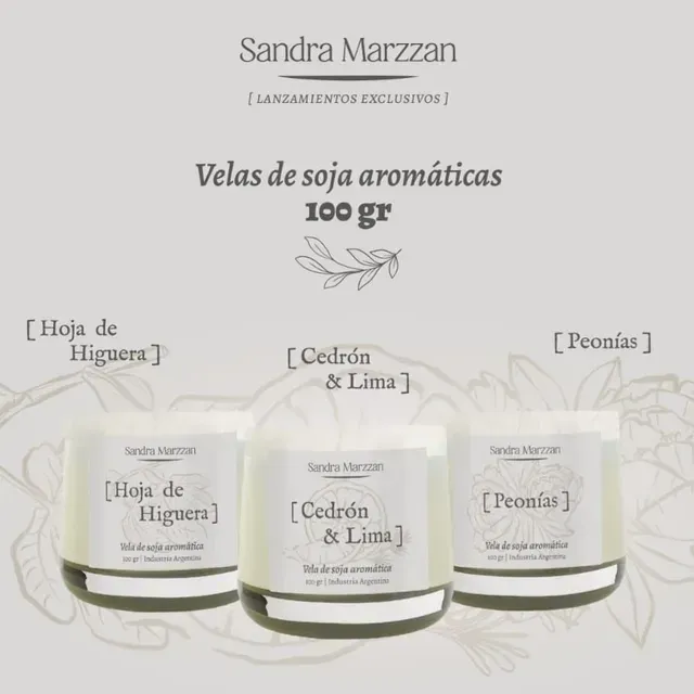 Velas de soja Sandra Marzzan con aromas de hoja de higuera, cedro y lima, y peonía en frascos de vidrio