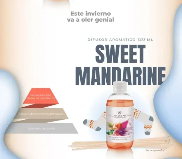 Anuncio de difusor aromático Sweet Mandarine con frasco naranja, pirámide en tonos pastel