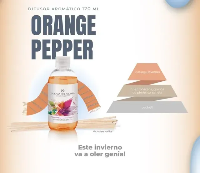 Anuncio de un difusor aromático Orange Pepper de 120 ml, con un frasco naranja y texto promocional en español
