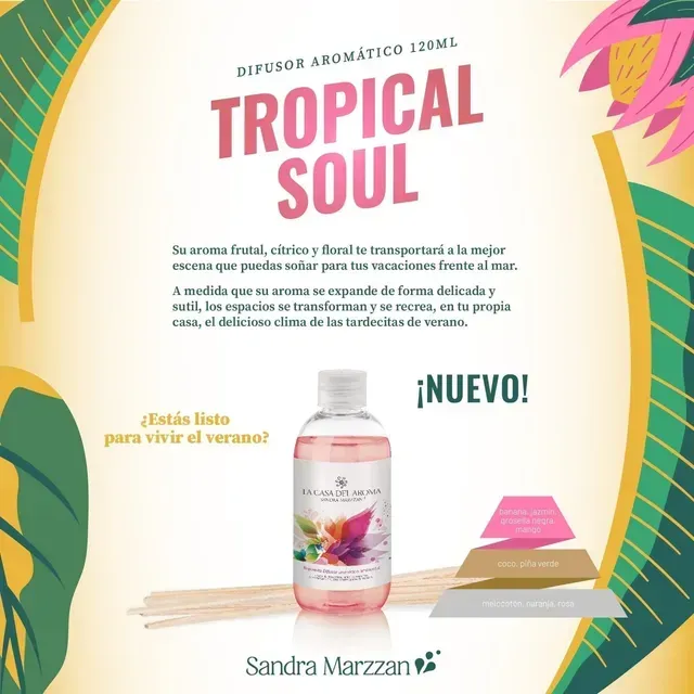 Publicidad del perfume Tropical Soul, con un frasco rosa, un fondo tropical y texto promocional en español