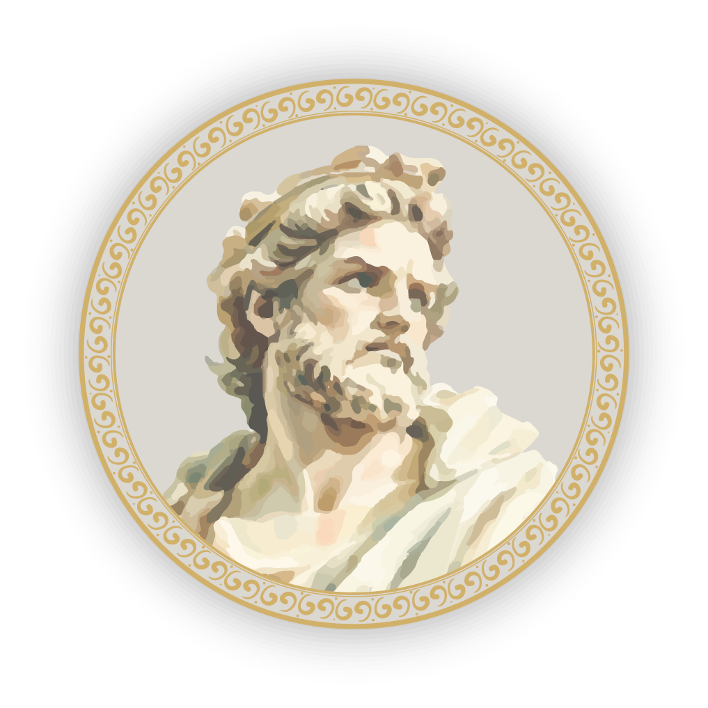 A classical, painterly bust of a bearded man with curly hair, framed in a circular gold border on a light grey background.