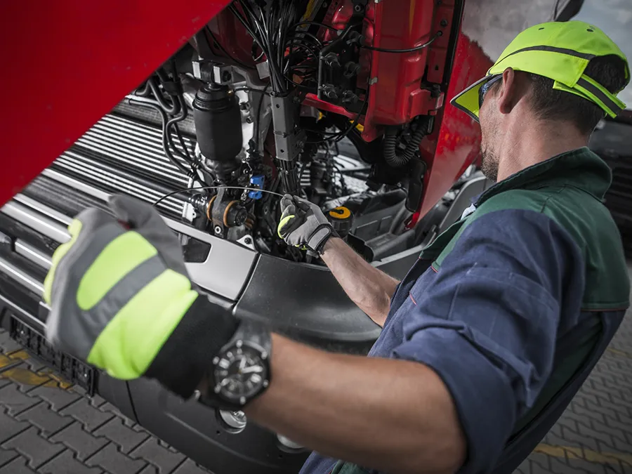 A man is working on a car engine with a wrench.