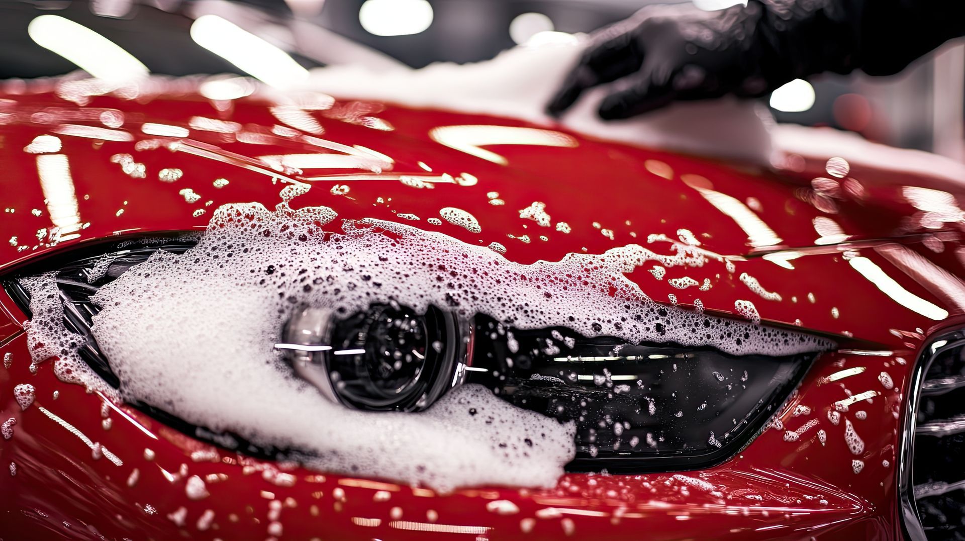 Red sports car headlight covered in white foam during a car wash