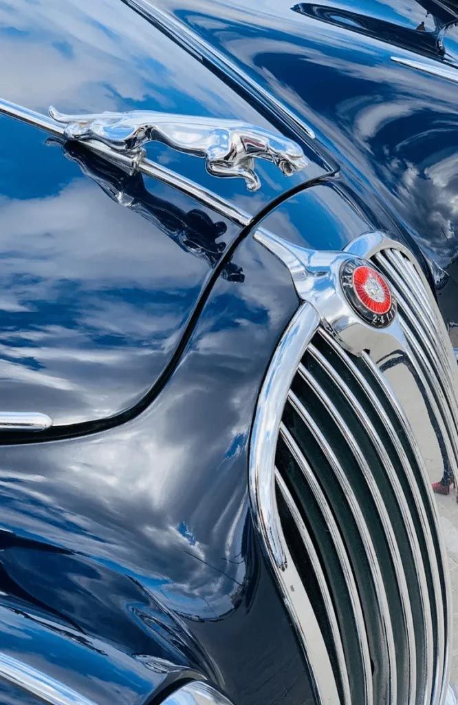 Close-up of a shiny blue classic car hood and chrome grille with a red badge