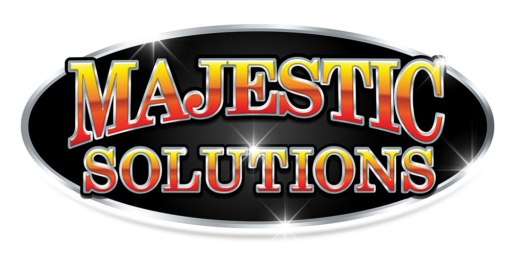 Majestic Solutions logo in red and gold text on a black oval background