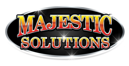 Majestic Solutions logo in red and gold text on a black oval background