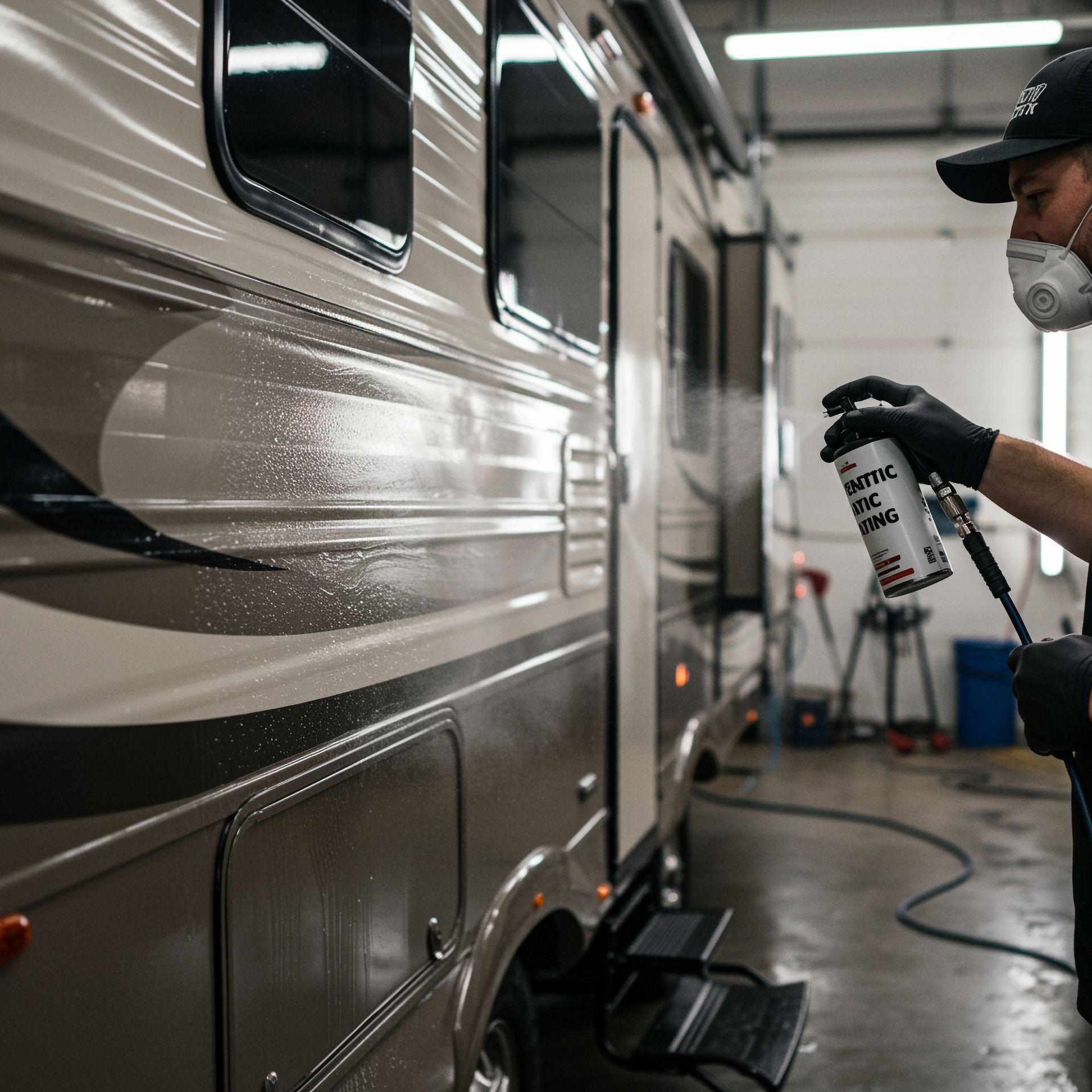Person spraying cleaner on a beige RV in a workshop garage