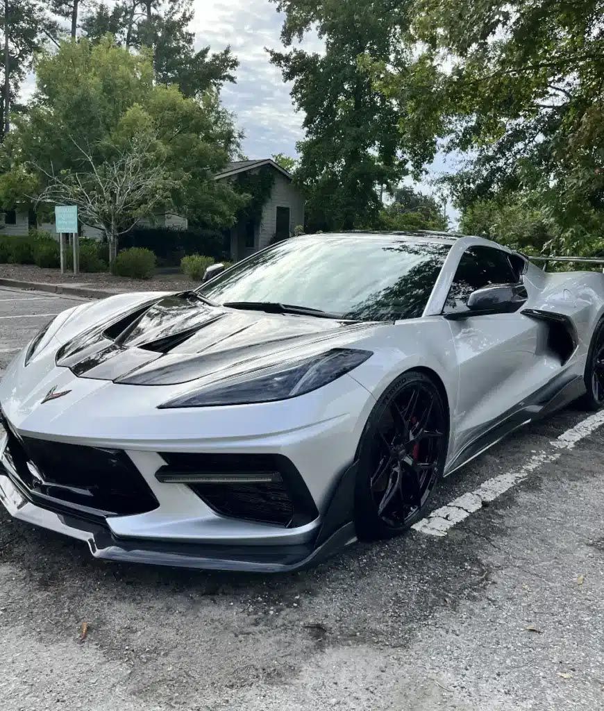 Silver sports car parked on a tree-lined street with black accents and tinted windows